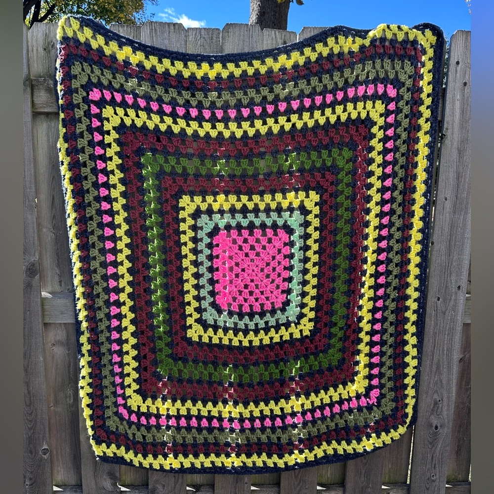 Handmade Crochet Granny Square Blanket - Bright Pink, Yellow, Olive, Black